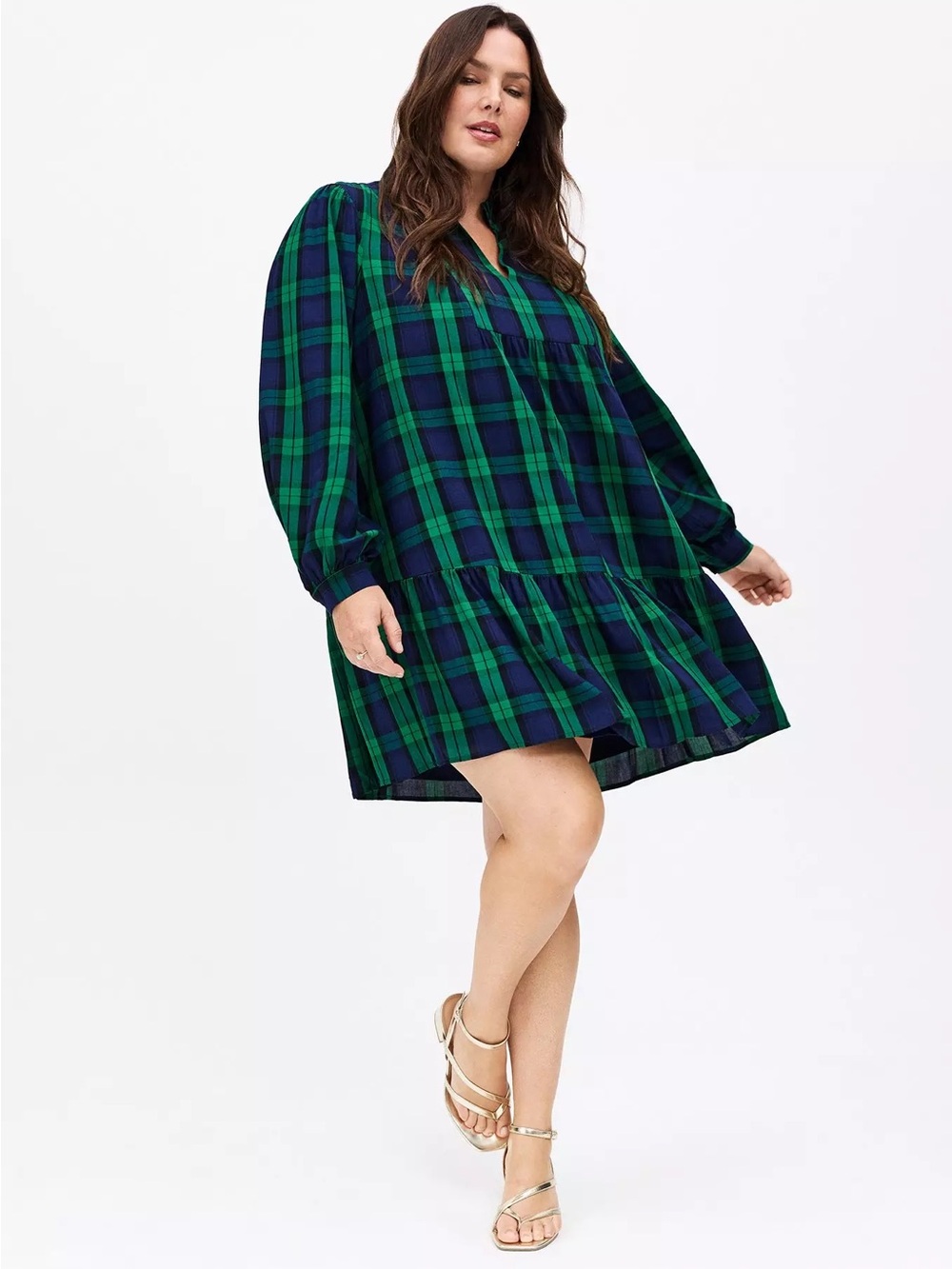 Belle Isle Ruffle Collar Plaid Long Sleeve Tiered Dress